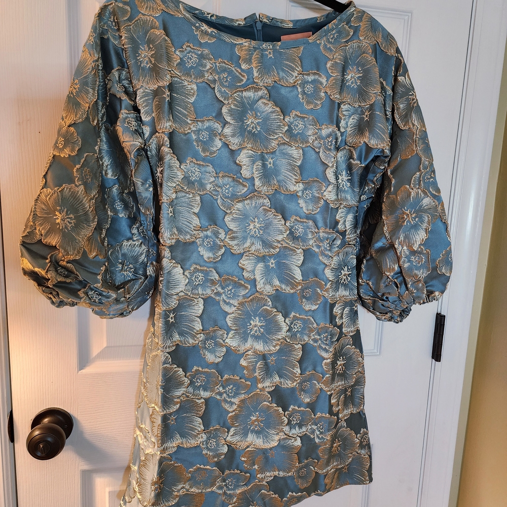 NWT Solelia Jacquard Brocade Blue Floral Mini Dress With Puff Sleeves, XS